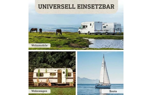 Dreiteiliges Bild: oben zwei Wohnmobile auf einer Grasfläche am Wasser mit grasenden Pferden und dem Text 'UNIVERSELL EINSETZBAR'; unten links ein Wohnwagen vor Bäumen mit Beschriftung 'Wohnwagen'; unten rechts ein Segelboot auf dem Meer mit Beschrif