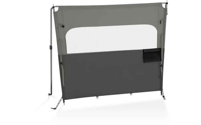 Rechteckiges Stoffpaneel mit hellem rechteckigen Sichtfenster oben, dunklerem unteren Bereich, zwei seitlichen Metallstäben, seitlichen Riemen und Ösen am unteren Rand