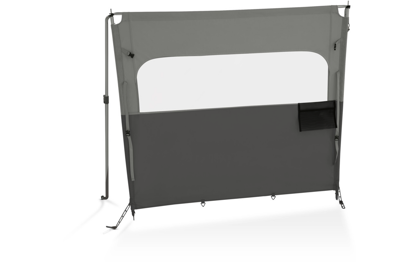 Rechteckiges Stoffpaneel mit hellem rechteckigen Sichtfenster oben, dunklerem unteren Bereich, zwei seitlichen Metallstäben, seitlichen Riemen und Ösen am unteren Rand