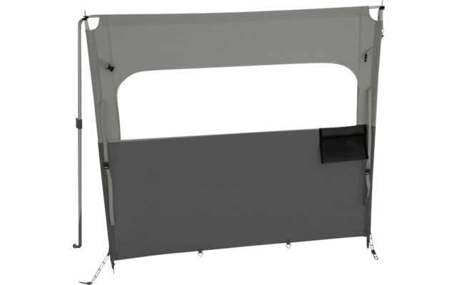 Rechteckiges Stoffpaneel mit hellem rechteckigen Sichtfenster oben, dunklerem unteren Bereich, zwei seitlichen Metallstäben, seitlichen Riemen und Ösen am unteren Rand