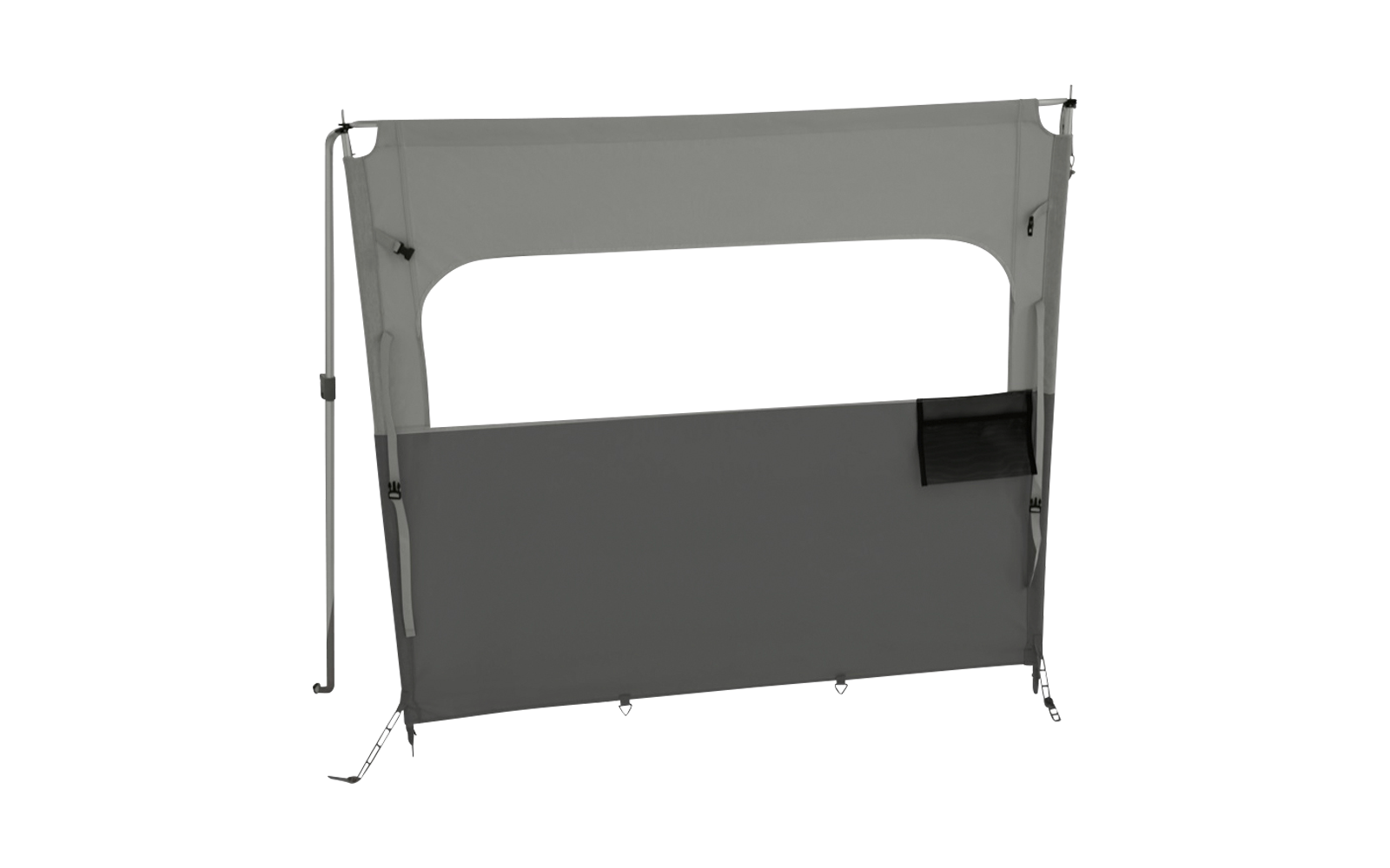 Rechteckiges Stoffpaneel mit hellem rechteckigen Sichtfenster oben, dunklerem unteren Bereich, zwei seitlichen Metallstäben, seitlichen Riemen und Ösen am unteren Rand