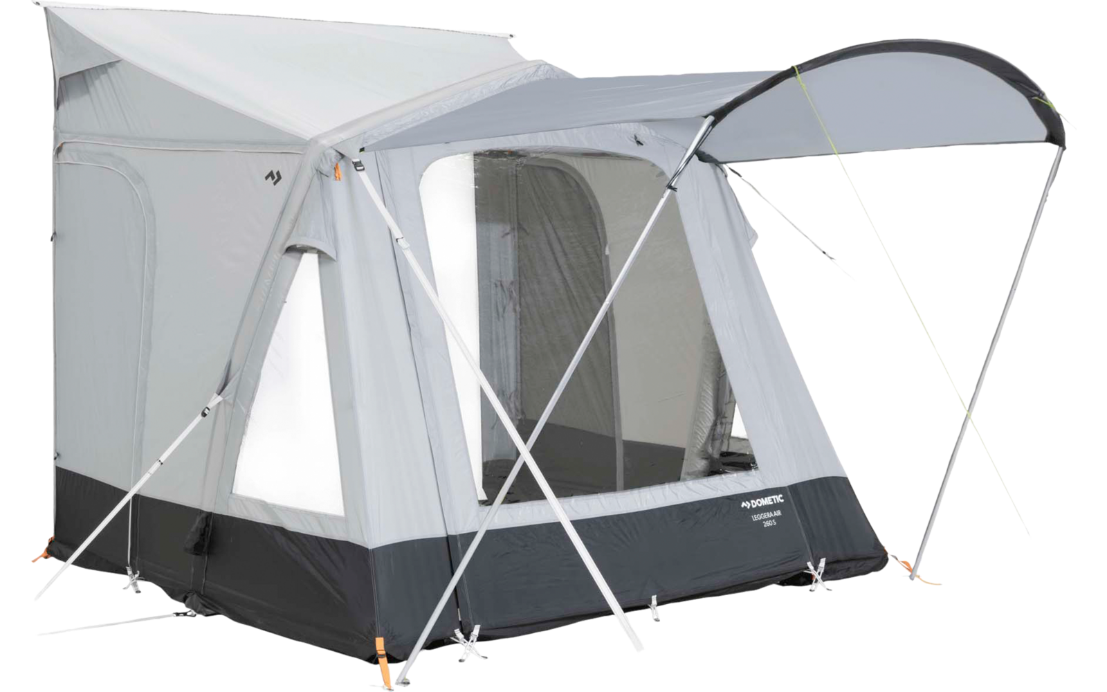 Tente grise avec auvent avant, grande fenêtre en maille, entrée zippée, arceaux métalliques, haubans, base inférieure sombre et fixations orange