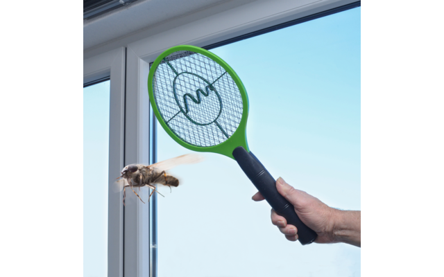 Hand hält ein elektrisches Fliegenklatsche und berührt eine Fliege an einem Fensterrahmen
