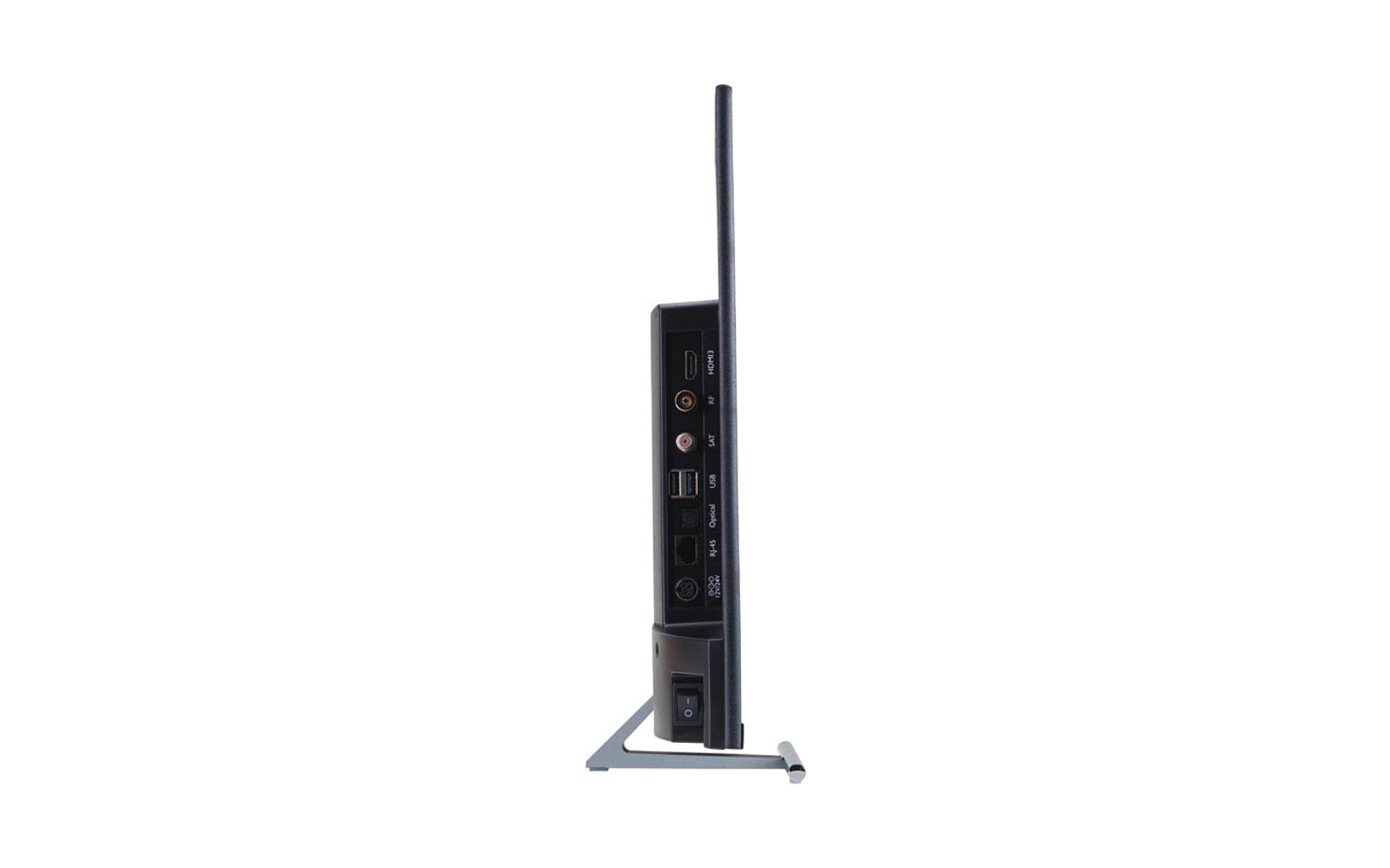 Schlanker Flachbildschirm im Profil auf Metallfuß; sichtbare Anschlussleiste mit HDMI-, Koaxial-, zwei USB-, Ethernet-, Audio- und Netzanschluss