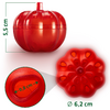 Rote Tomate mit Maßen 5,5 cm Höhe, 6,2 cm Durchmesser und 4,8 cm Breite, Ansicht von oben, unten und Seite