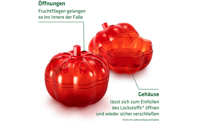 Rotes, transparentes Gehäuse in Form einer Frucht mit geöffnetem Oberteil, daneben Abbildung mit Beschriftungen zu Öffnungen und Gehäuse