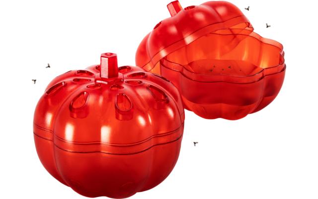 Rode, ronde containers in de vorm van tomaten, eentje geopend