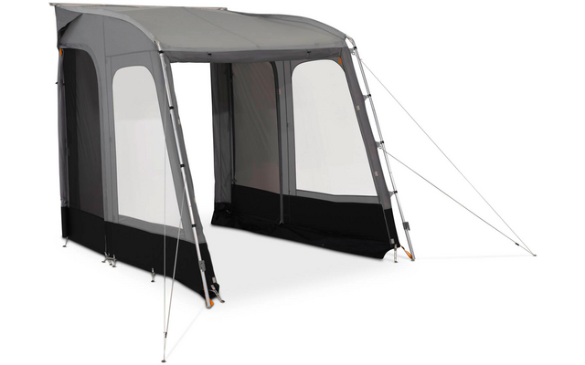 Hellgraues Zelt mit Plane, zwei großen rechteckigen transparenten Fenstern, schwarzen unteren Seitenwänden, Metallstangen und Abspannleinen, offene Vorderseite
