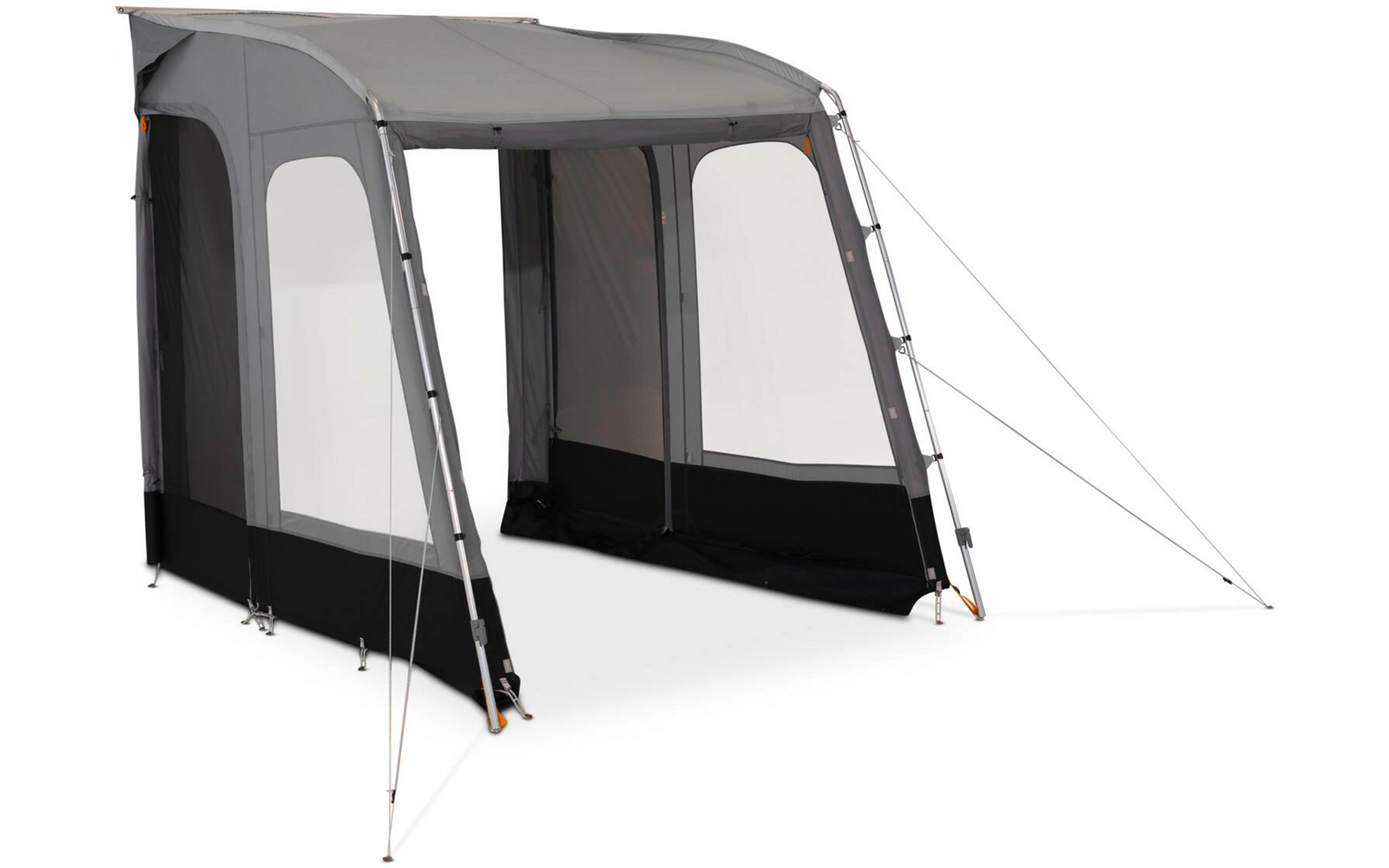 Hellgraues Zelt mit Plane, zwei großen rechteckigen transparenten Fenstern, schwarzen unteren Seitenwänden, Metallstangen und Abspannleinen, offene Vorderseite