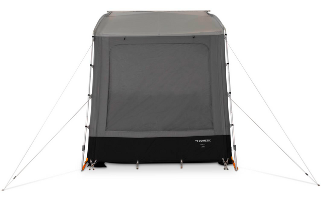 Graue rechteckige Stoffhülle mit großem rechteckigem Netzfenster in der Mitte, schwarzem unteren Bereich, seitlichen Stangen und abgespannten Leinen