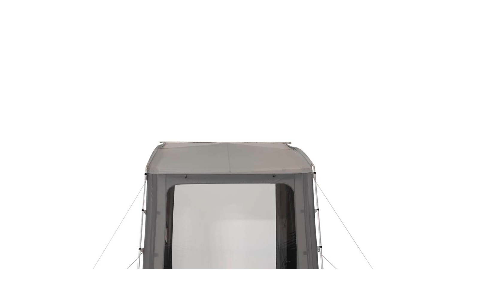 Tente avec grande fenêtre rectangulaire, partie supérieure grise, partie inférieure noire et haubans avec piquets orange