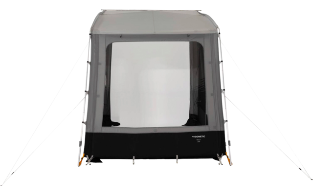 Tent with large rectangular window, gray upper section, black lower section, and guy lines with orange pegs