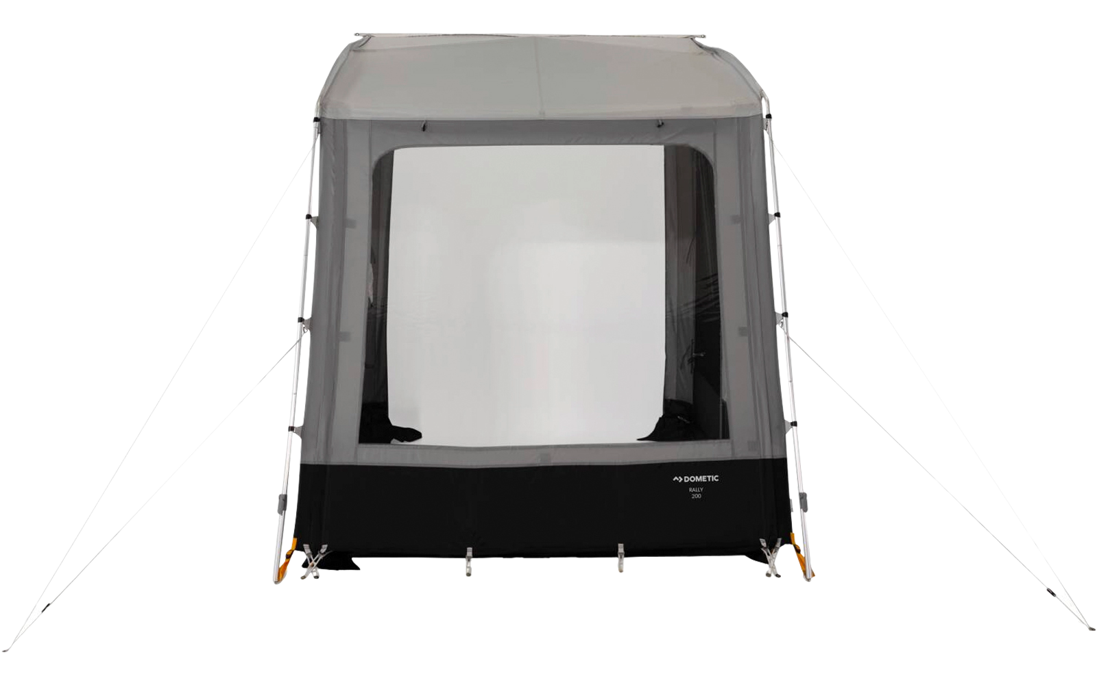 Tent with large rectangular window, gray upper section, black lower section, and guy lines with orange pegs