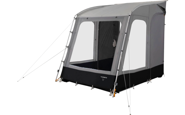 Gray freestanding tent annex with large clear windows, visible frame poles and guy lines on a white background