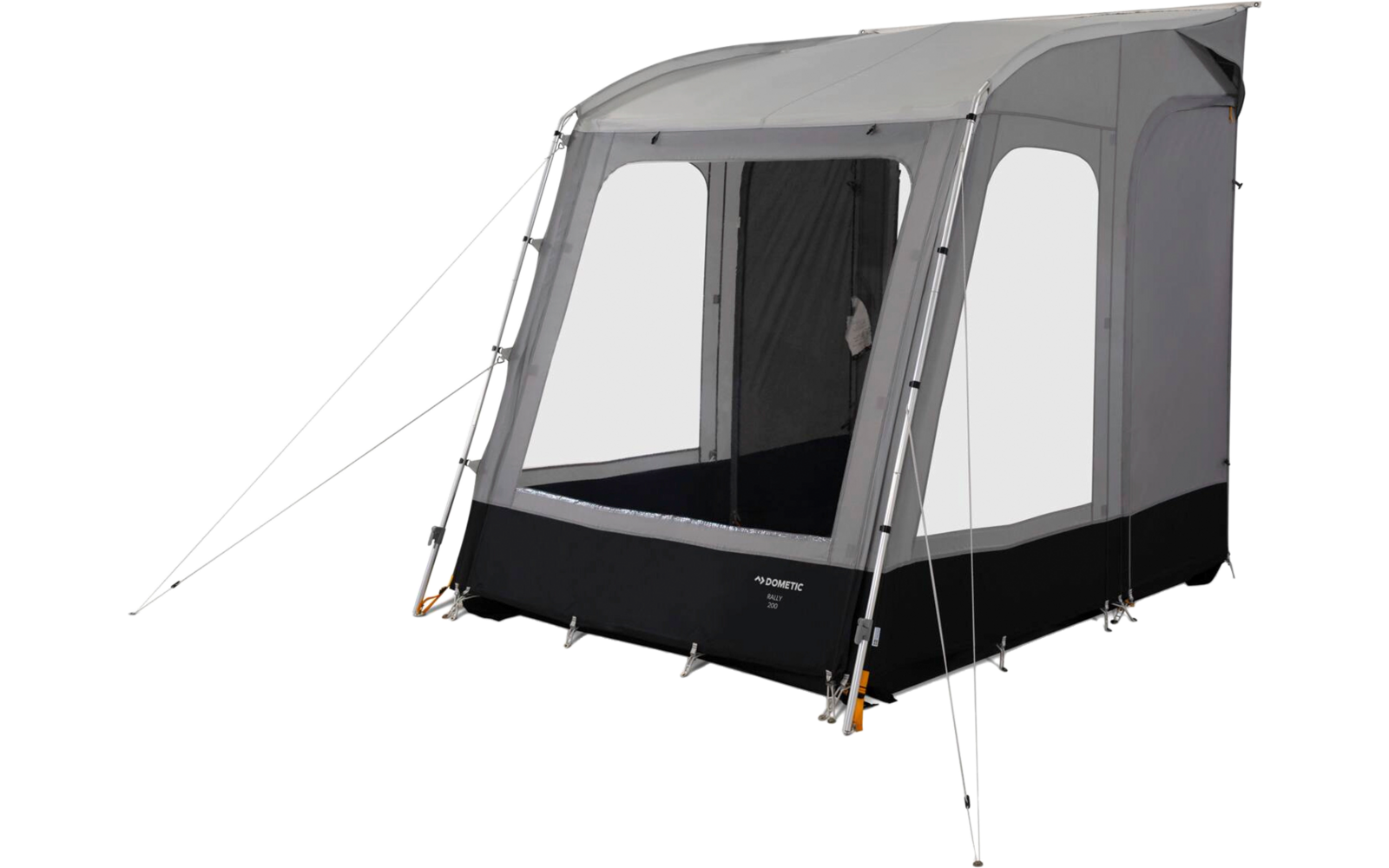 Gray freestanding tent annex with large clear windows, visible frame poles and guy lines on a white background