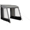 Light gray tent with fabric canopy, two large rectangular transparent windows, black lower side panels, metal poles and guy ropes, open front