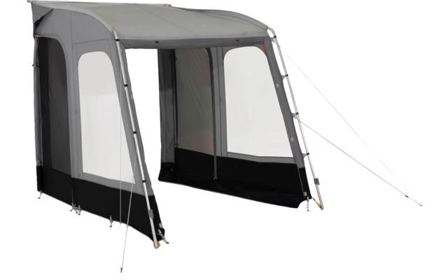 Light gray tent with fabric canopy, two large rectangular transparent windows, black lower side panels, metal poles and guy ropes, open front