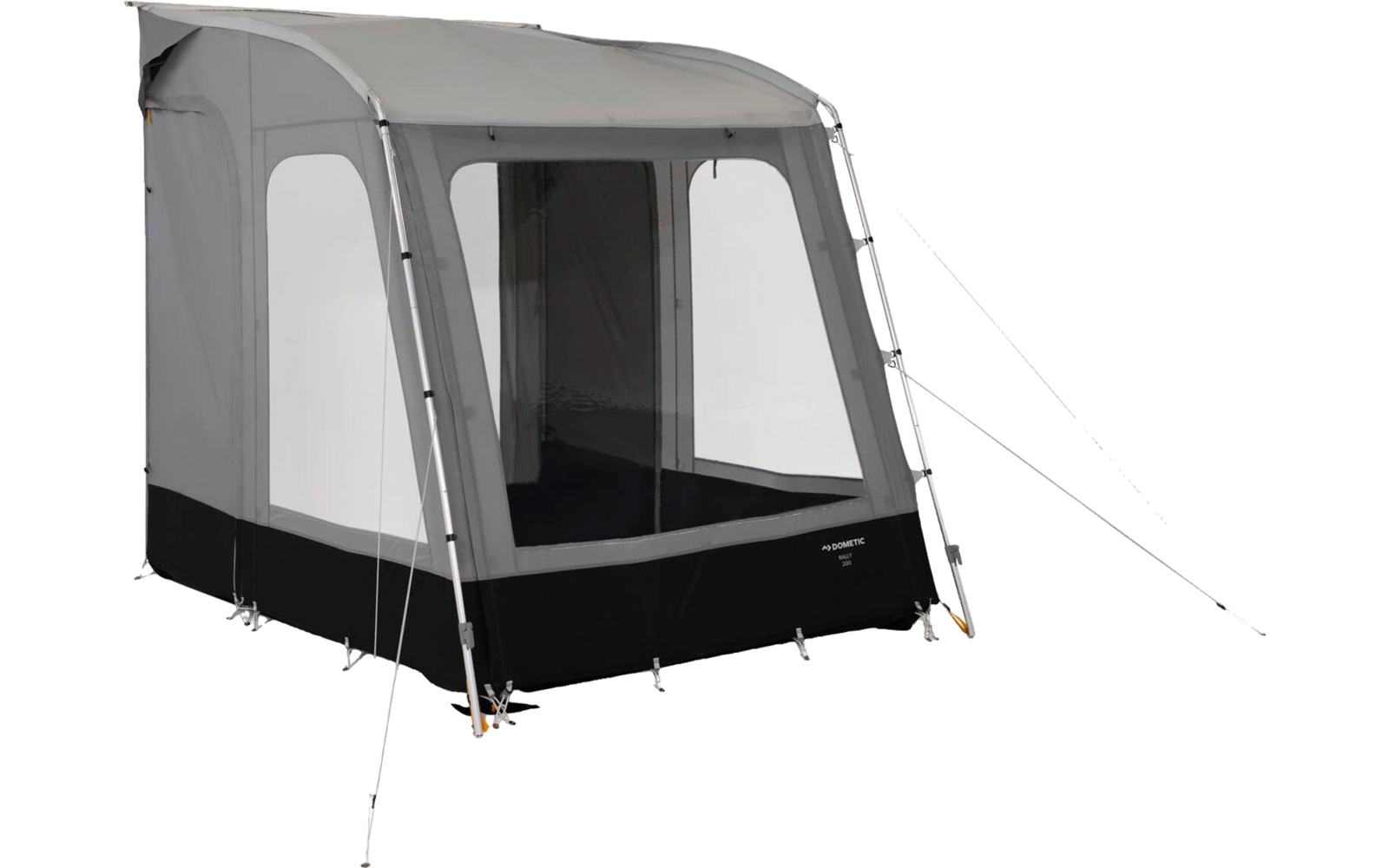 Gray and black tent-like structure with large mesh windows, open front entrance, visible frame arches and guy lines