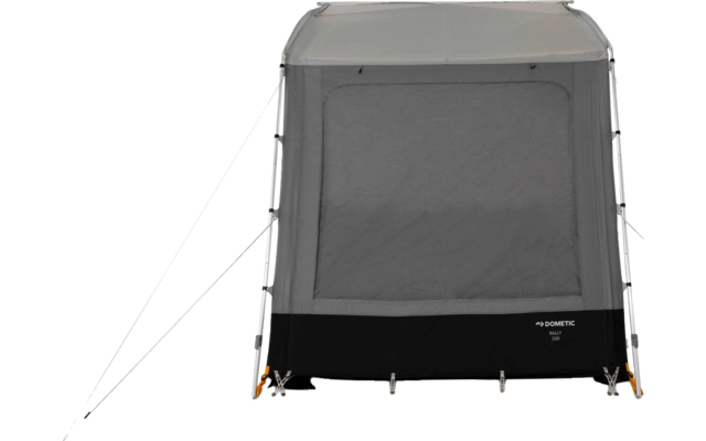 Grey rectangular fabric cover with a large rectangular mesh window centered, black lower panel, visible side poles and tensioned guy lines