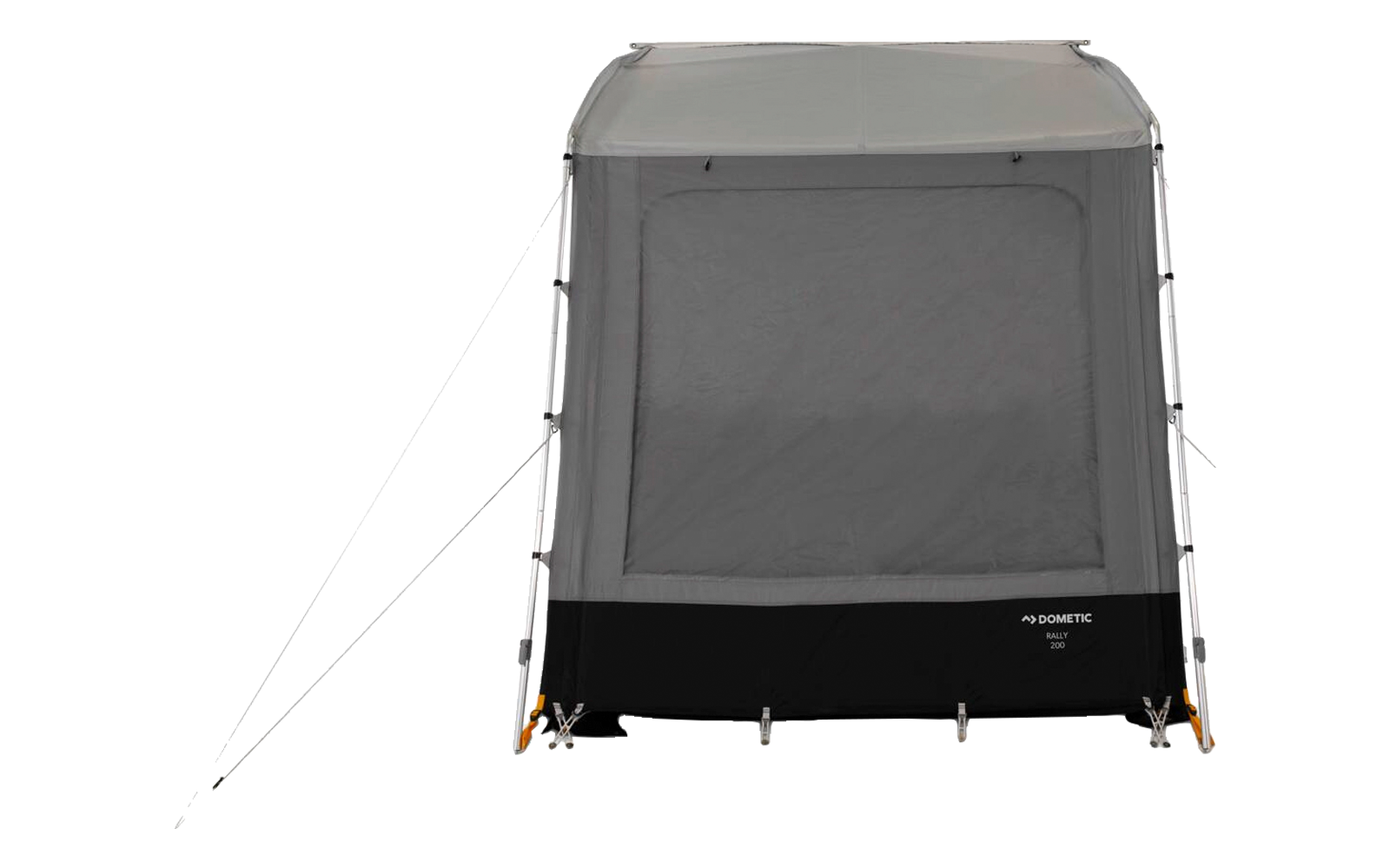 Grey rectangular fabric cover with a large rectangular mesh window centered, black lower panel, visible side poles and tensioned guy lines