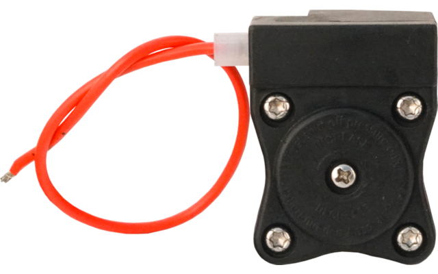 Boîtier en plastique noir avec centre circulaire surélevé et quatre vis visibles, fils rouges avec connecteur blanc et extrémités dénudées