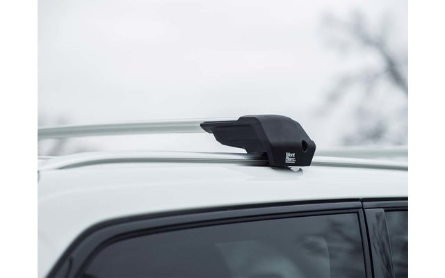 Nahaufnahme eines schwarzen Befestigungsfußes und eines silbernen Querträgers auf dem weißen Autodach; im Hintergrund unscharfer, bewölkter Himmel und Zweige