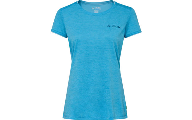 T-shirt azzurro chiaro a maniche corte, scollo rotondo e piccolo logo 'VAUDE' sul petto sinistro, su sfondo bianco
