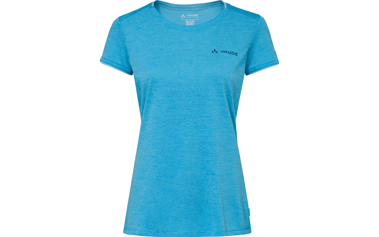 T-shirt azzurro chiaro a maniche corte, scollo rotondo e piccolo logo 'VAUDE' sul petto sinistro, su sfondo bianco