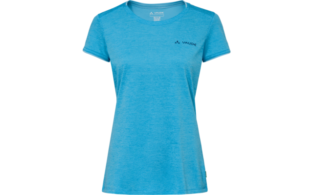 Hellblaues T-Shirt mit kurzen Ärmeln, Rundhalsausschnitt und kleinem 'VAUDE'-Logo auf der linken Brust, vor weißem Hintergrund