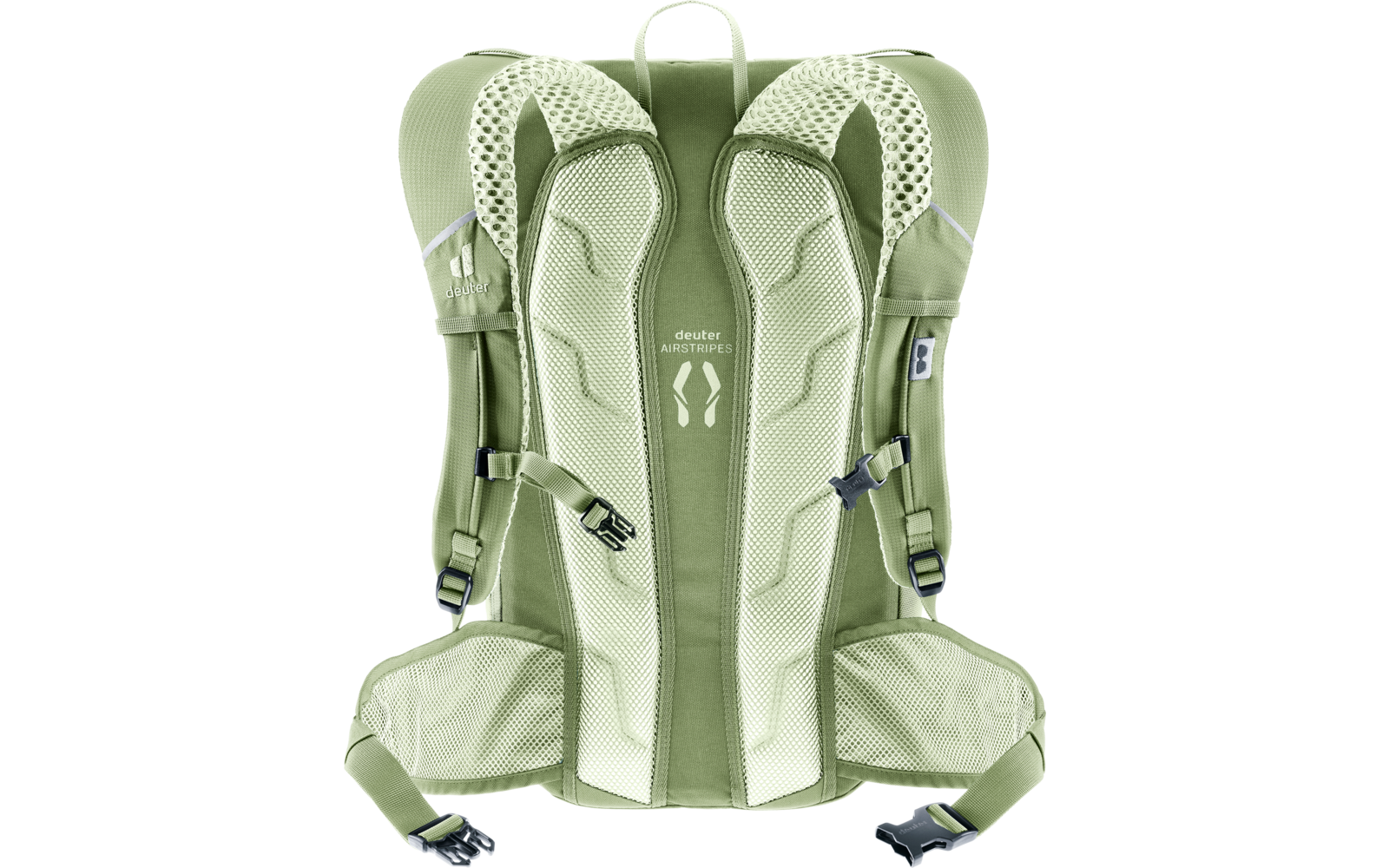 Rückansicht eines hellgrünen Rucksacks mit gepolsterten Schulterträgern, gepolstertem Rückenpanel mit Netzstoff, Hüftgurt, Brustgurt und sichtbarem „deuter“-Logo