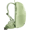 Hellgrüner Rucksack in Seitenansicht mit gepolsterten Schulterriemen, Hüftgurt und Reißverschlussfach