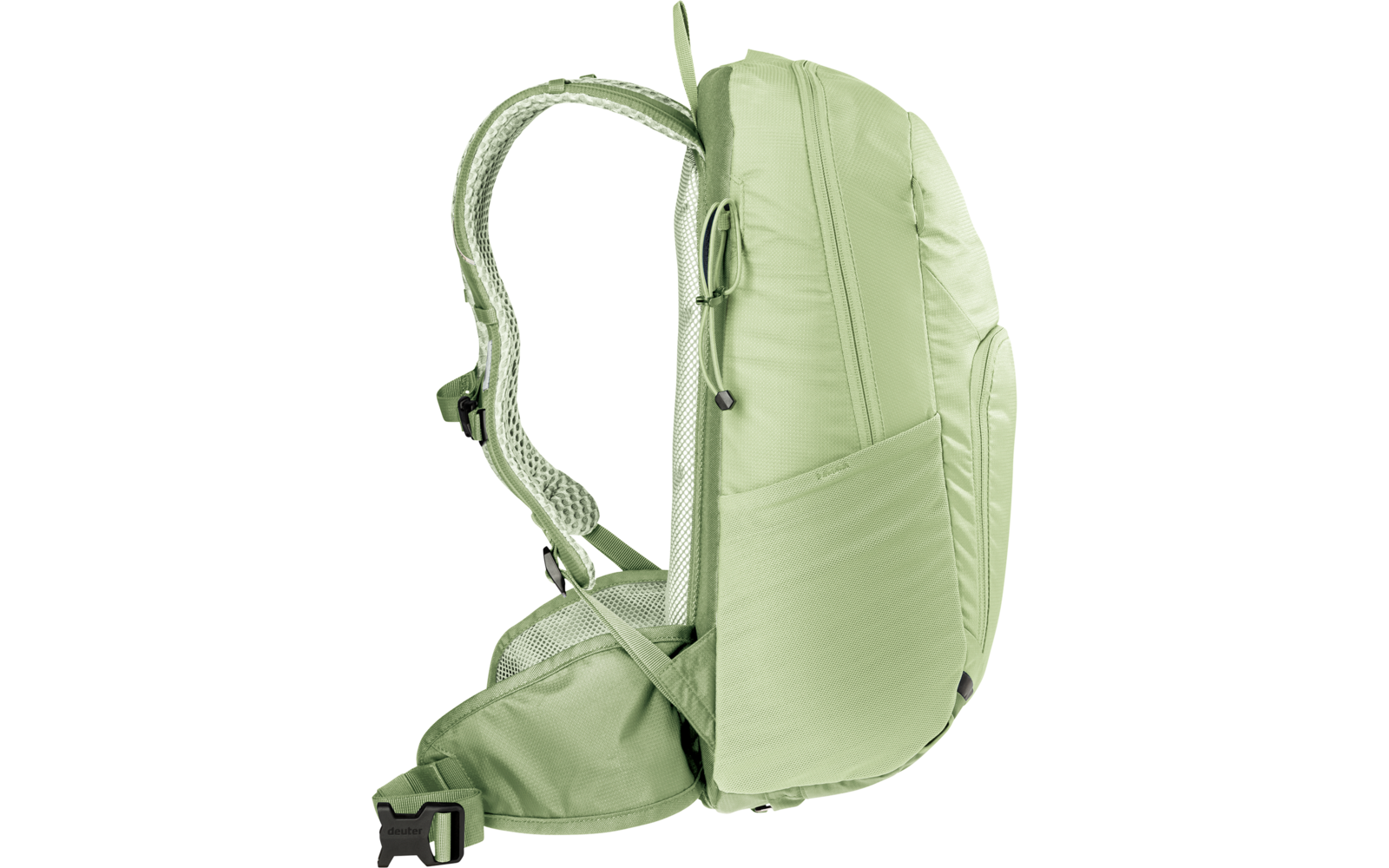 Hellgrüner Rucksack in Seitenansicht mit gepolsterten Schulterriemen, Hüftgurt und Reißverschlussfach