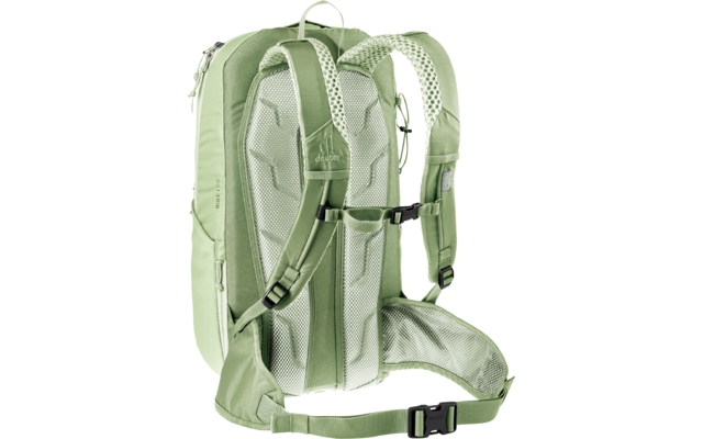 Hellgrüner Rucksack, Rückansicht, gepolsterte Schulterriemen, verstellbarer Brustgurt, breiter Hüftgurt, gepolstertes Mesh-Rückenpanel, Tragegriff oben