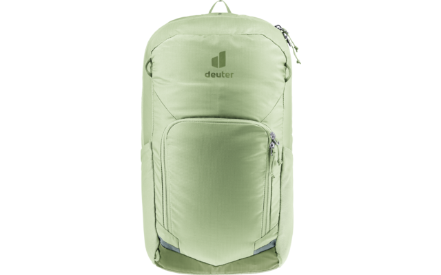 Hellgrüner Rucksack mit Deuter-Logo, Vorderfach mit Reißverschlüssen, Trageschlaufe oben, graue dreieckige Details unten