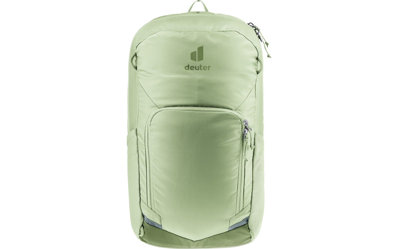 Hellgrüner Rucksack mit Deuter-Logo, Vorderfach mit Reißverschlüssen, Trageschlaufe oben, graue dreieckige Details unten
