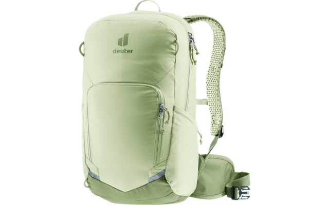 Hellgrüner Rucksack mit 'deuter'-Logo, vorderer Reißverschluss, gepolsterte Schulter- und Hüftgurte