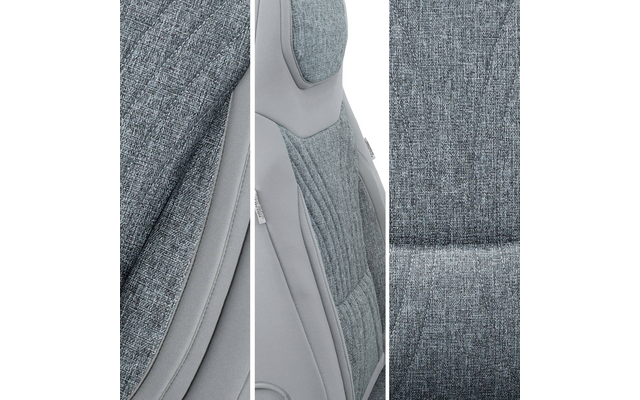 Drei vertikale Bildstreifen mit Nahaufnahmen grauer Polsterung: links und rechts grob gewebter Stoff, Mitte glatte hellgraue Oberfläche mit gestepptem Einsatz, sichtbare Nähte und kleines Etikett