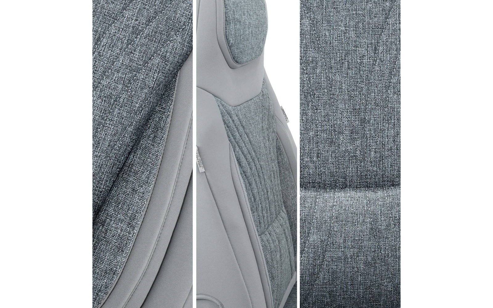 Drei vertikale Bildstreifen mit Nahaufnahmen grauer Polsterung: links und rechts grob gewebter Stoff, Mitte glatte hellgraue Oberfläche mit gestepptem Einsatz, sichtbare Nähte und kleines Etikett