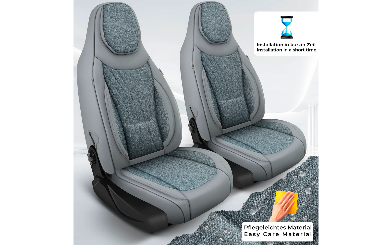 Zwei aufrechte Autositze mit grauen Lederkanten und blau-grau strukturierten Stoffeinsätzen, rechts unten Nahaufnahme des Stoffes und zwei kleine Beschriftungsfelder mit Icons und den Texten 'Installation in kurzer Zeit / Installation in a short time