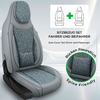 Ein einzelner Autositz mit grauen Seiten und blaugrauem, strukturiertem Stoff in der Mitte; rechts oben zwei Sitzumrisse mit grünem Pluszeichen; Text 'SITZBEZUG SET FAHRER UND BEIFAHER' und 'Seat Cover Set Driver and Passenger'; kreisförmige Nahaufna