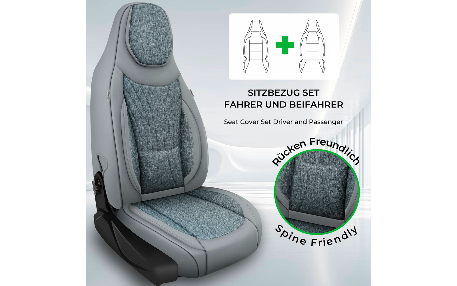 Ein einzelner Autositz mit grauen Seiten und blaugrauem, strukturiertem Stoff in der Mitte; rechts oben zwei Sitzumrisse mit grünem Pluszeichen; Text 'SITZBEZUG SET FAHRER UND BEIFAHER' und 'Seat Cover Set Driver and Passenger'; kreisförmige Nahaufna