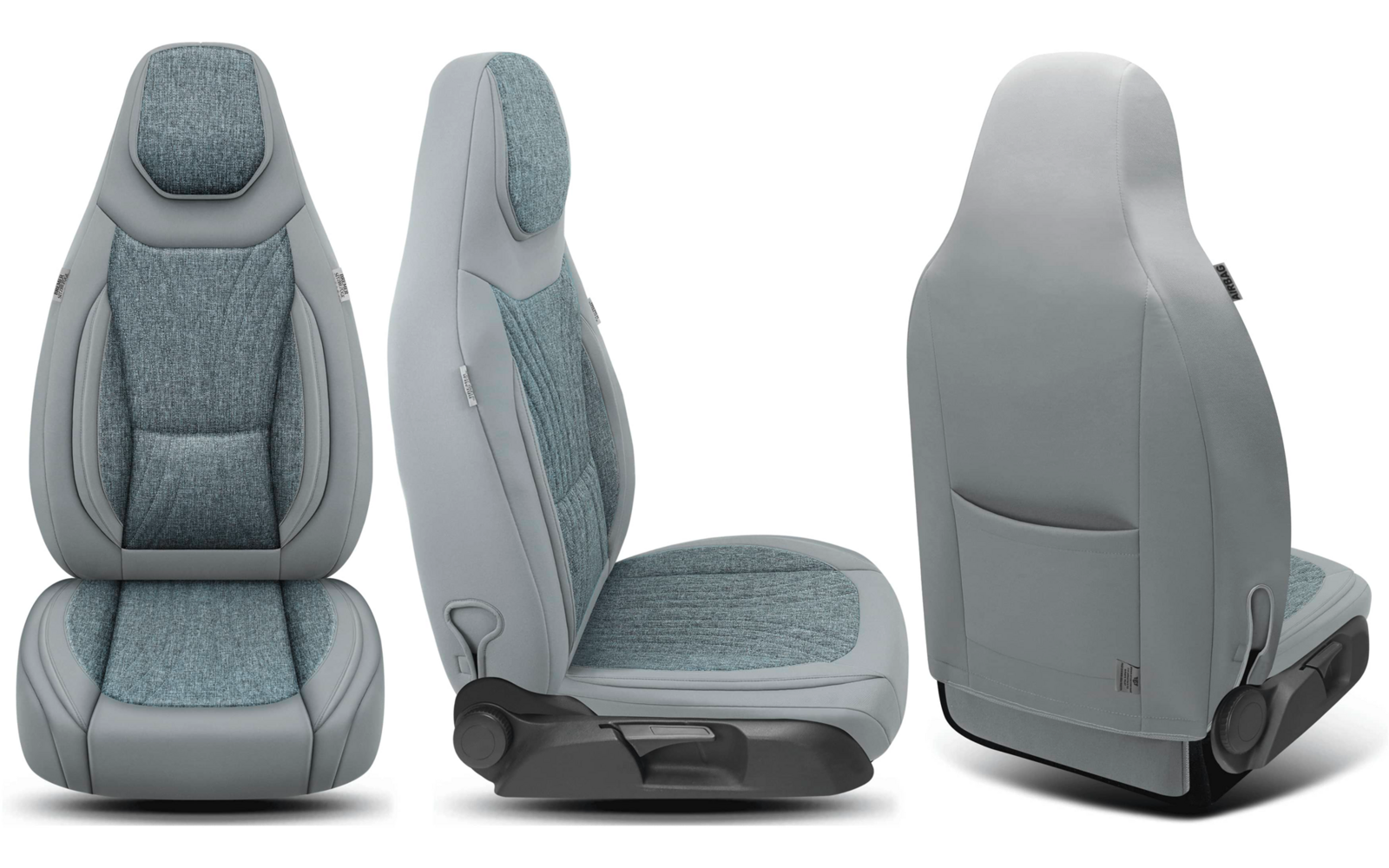 Drei Ansichten eines Fahrzeugsitzes nebeneinander: Vorderansicht, Seitenansicht und Rückansicht; hellgrauer Lederrahmen mit bläulich-grauem Stoffpolster, sichtbare Sitzschienen und Rückentasche