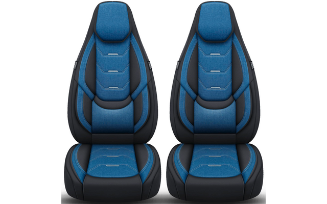 Zwei blaue, gepolsterte Sitze mit schwarzer Umrandung nebeneinander vor weißem Hintergrund