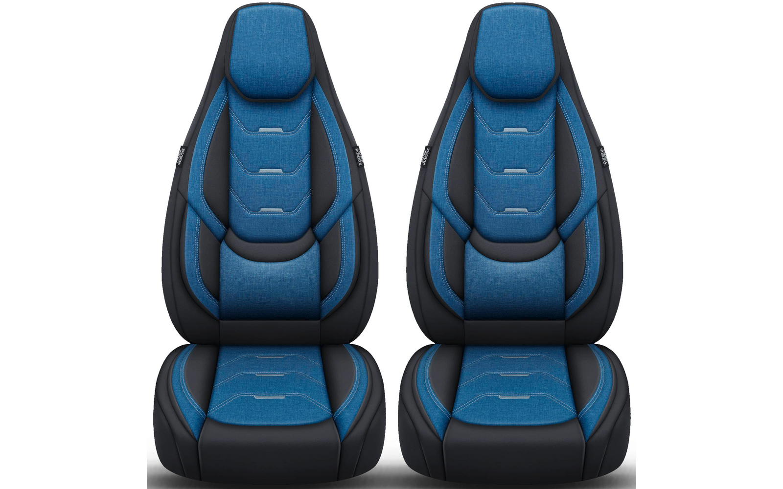 Zwei blaue, gepolsterte Sitze mit schwarzer Umrandung nebeneinander vor weißem Hintergrund