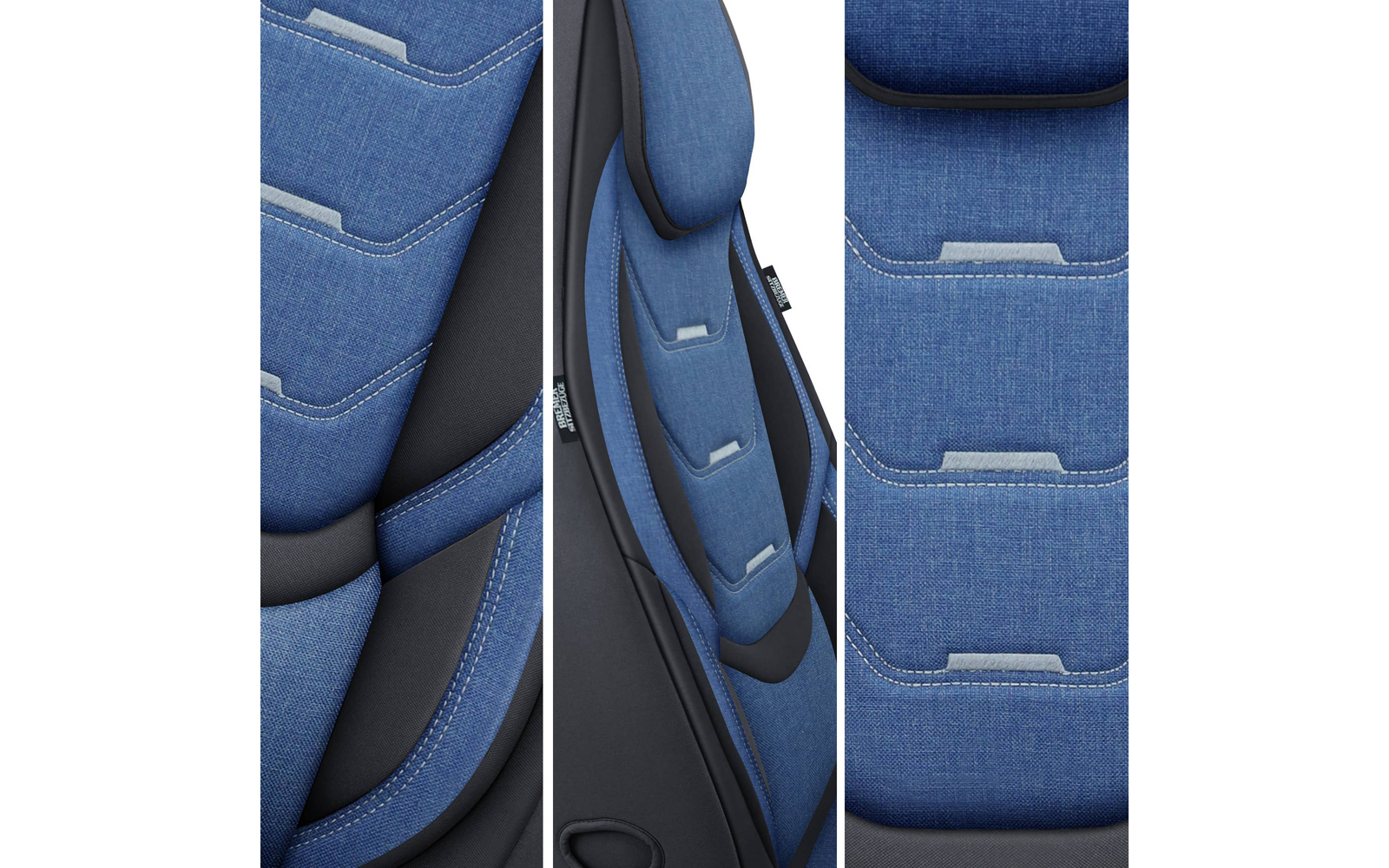 Dreiteilige Nahaufnahme eines blau gepolsterten Sitzes mit schwarzen Kanten, weißen Ziernähten und rechteckigen Öffnungen im Stoff