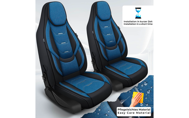 Zwei blaue und schwarze Autositzbezüge nebeneinander, rechts oben Sanduhr-Symbol mit Text, rechts unten Hand wischt Wasser von Stoff