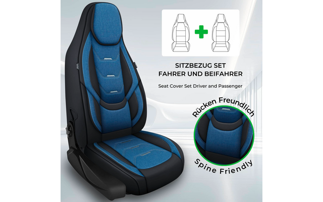 Blauer Sitzbezug auf einem Autositz; oben rechts Piktogramm zweier Sitzumrisse mit grünem Pluszeichen; Text 'Sitzbezug Set Fahrer und Beifahrer' und englische Unterzeile 'Seat Cover Set Driver and Passenger'; rundes Label 'Rücken Freundlich / Spine F