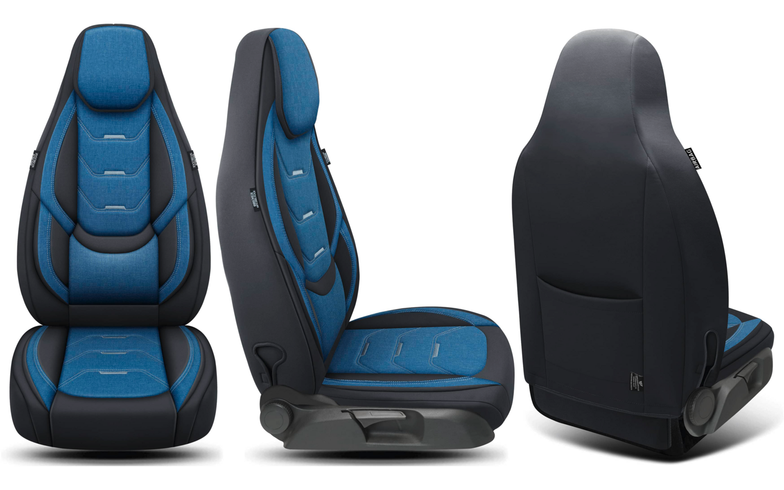 Drei Ansichten eines blau-schwarzen Autositzes: Vorderansicht, Seitenansicht und Rückansicht