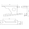 Drei technische Ansichten eines Bauteils: Seiten-, Front- und Aufsicht; rechteckiges Profil mit schräger Ausformung, rundes Loch, länglicher Schlitz und Maßangaben (179, 143, 111, 35)