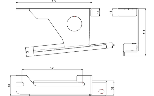 Drei technische Ansichten eines Bauteils: Seiten-, Front- und Aufsicht; rechteckiges Profil mit schräger Ausformung, rundes Loch, länglicher Schlitz und Maßangaben (179, 143, 111, 35)